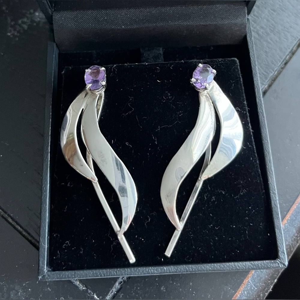 CAROL FELLEY 925 Silver Vintage Amethyst Stem Swirl Drop Earrings EG12024